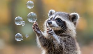 Preview wallpaper raccoon, animal, bubbles, cute