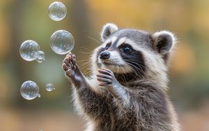 Preview wallpaper raccoon, animal, bubbles, cute