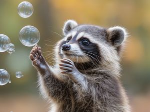 Preview wallpaper raccoon, animal, bubbles, cute