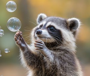 Preview wallpaper raccoon, animal, bubbles, cute