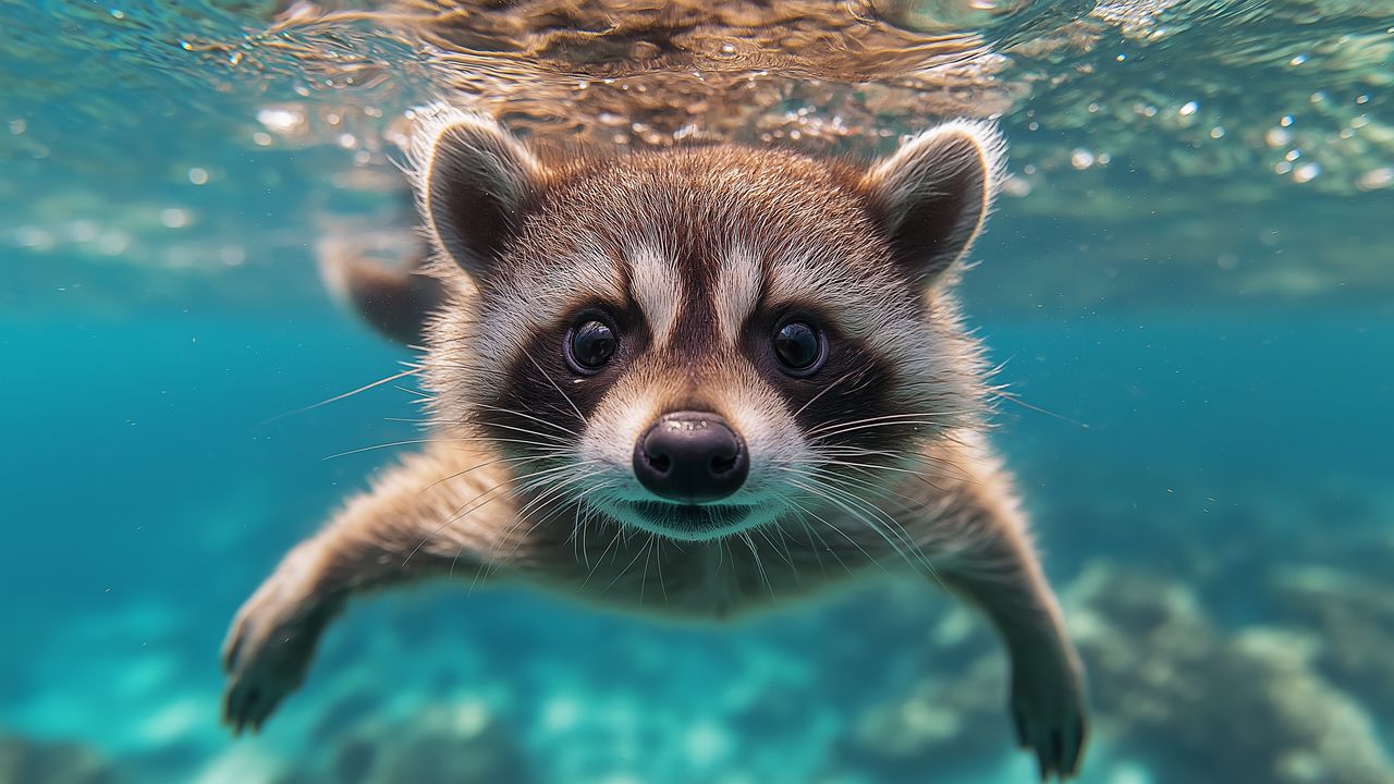 Wallpaper raccoon, animal, underwater, funny