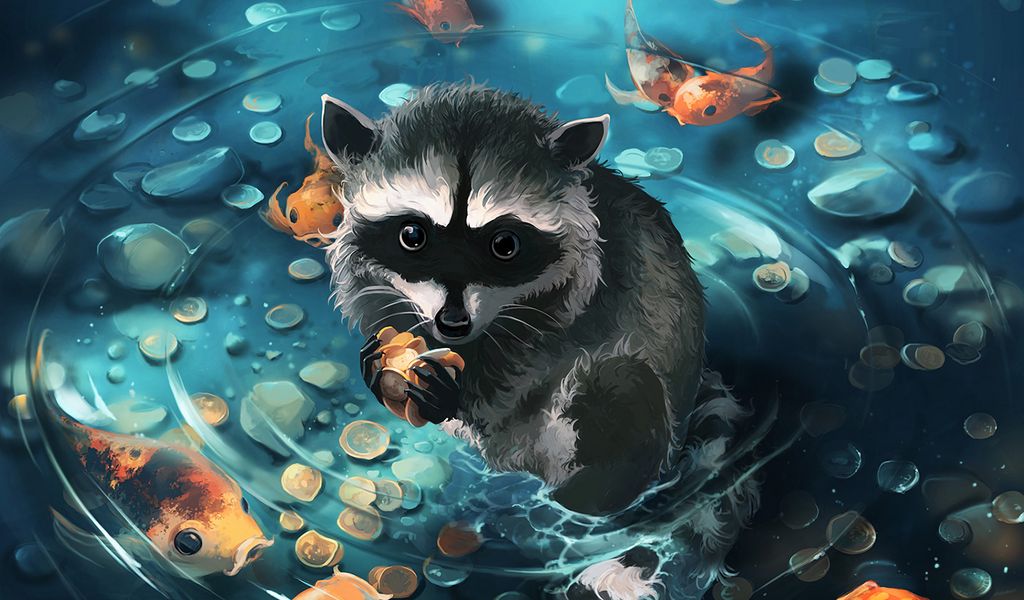 1024x600 Wallpaper raccoon, art, coins, water