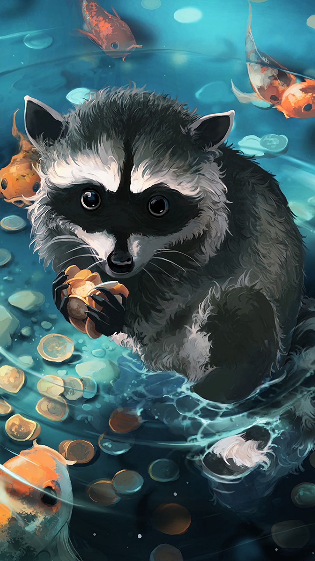 1080x1920 Wallpaper raccoon, art, coins, water