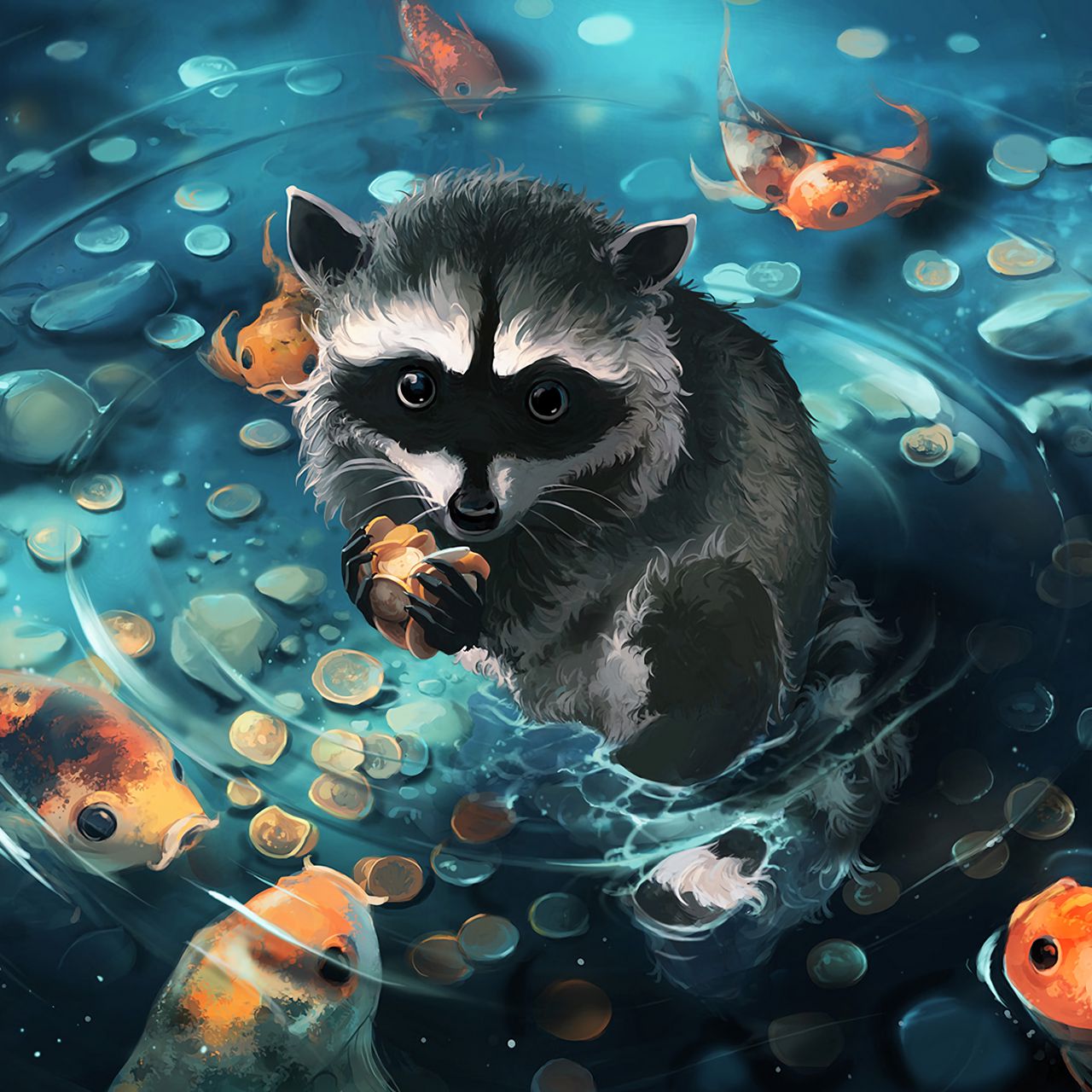 1280x1280 Wallpaper raccoon, art, coins, water