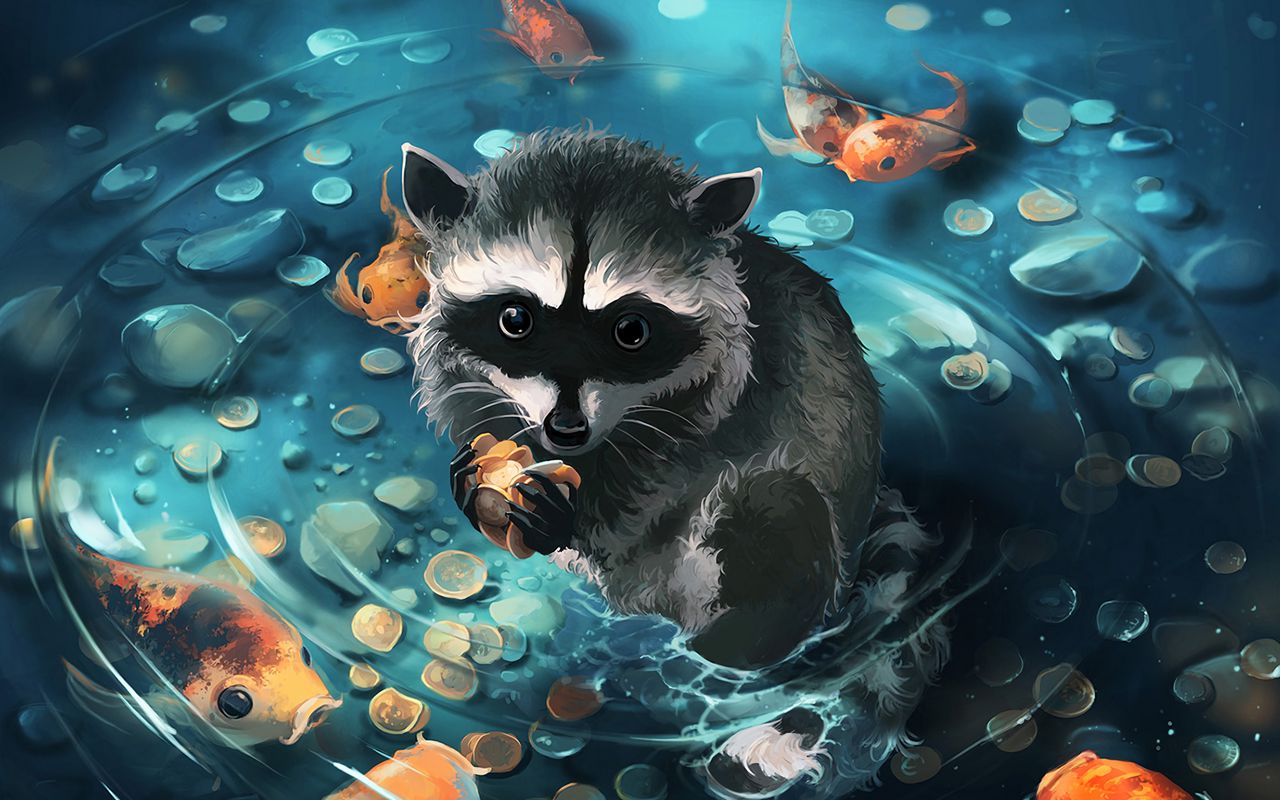 1280x800 Wallpaper raccoon, art, coins, water