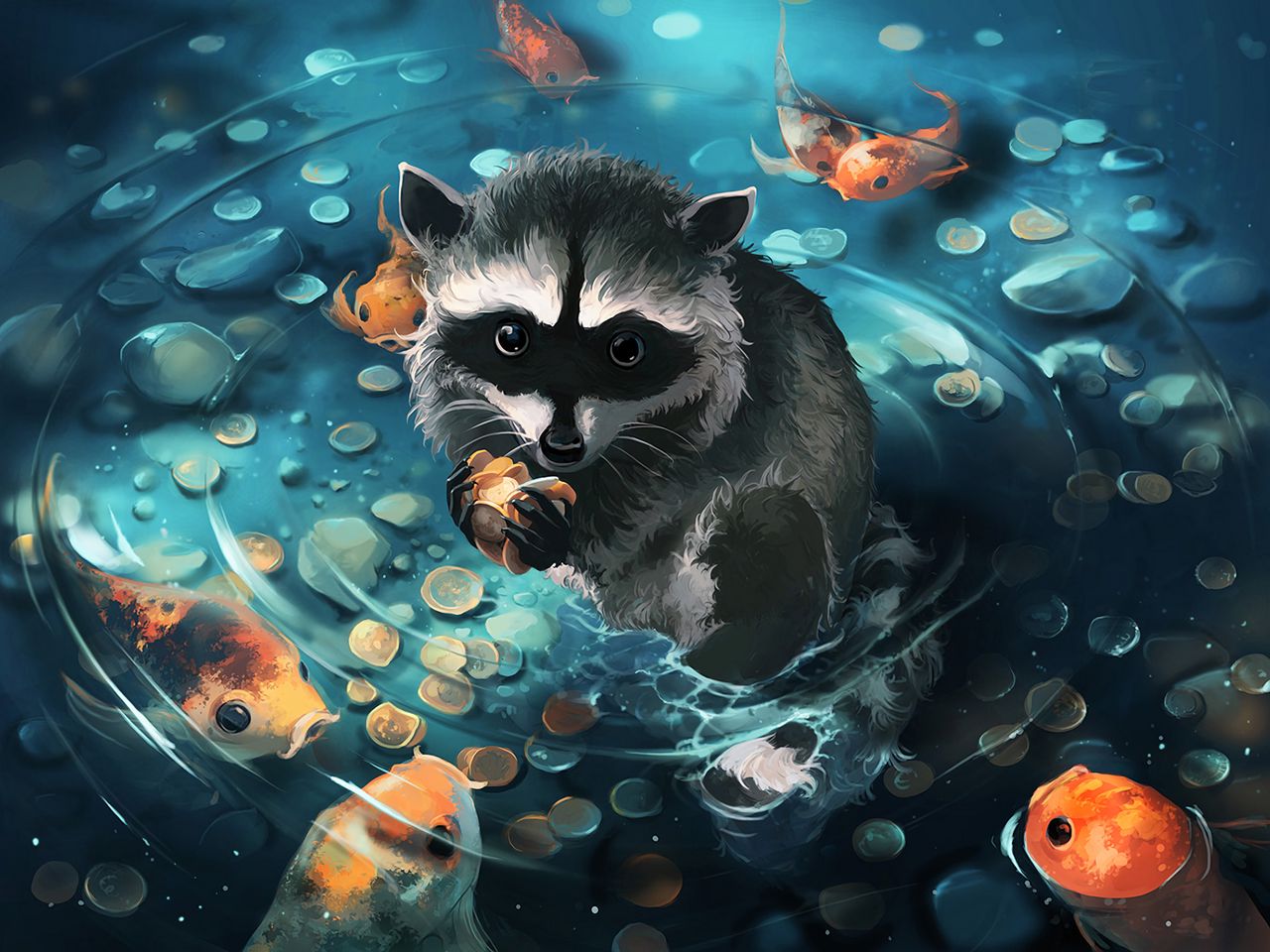 1280x960 Wallpaper raccoon, art, coins, water