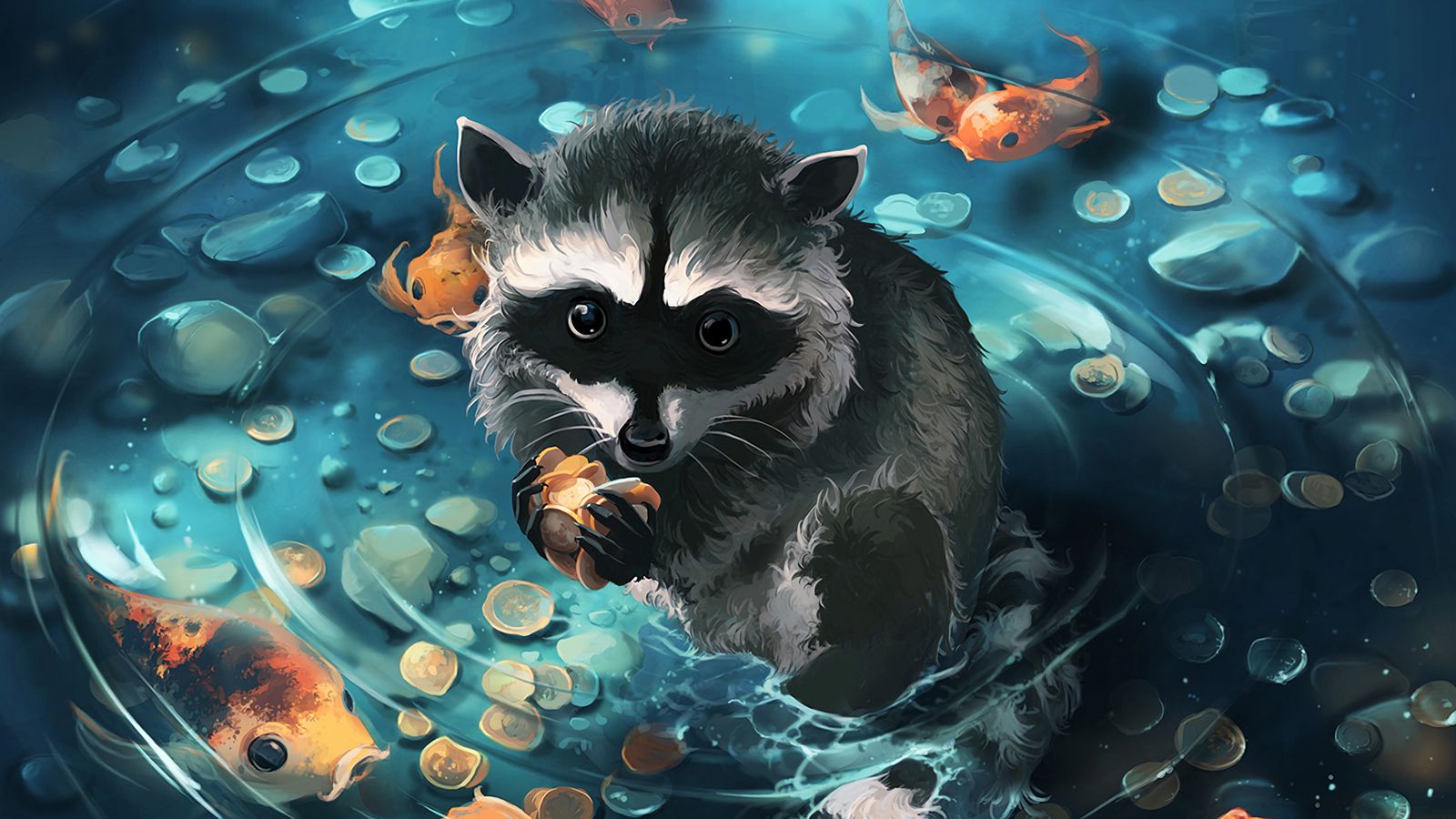1600x900 Wallpaper raccoon, art, coins, water