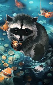 Preview wallpaper raccoon, art, coins, water