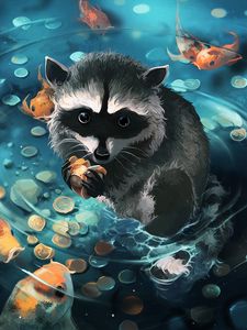 Preview wallpaper raccoon, art, coins, water