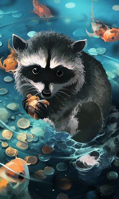 240x400 Wallpaper raccoon, art, coins, water
