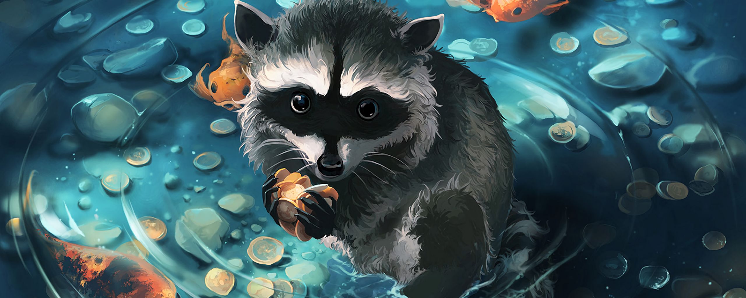 2560x1024 Wallpaper raccoon, art, coins, water