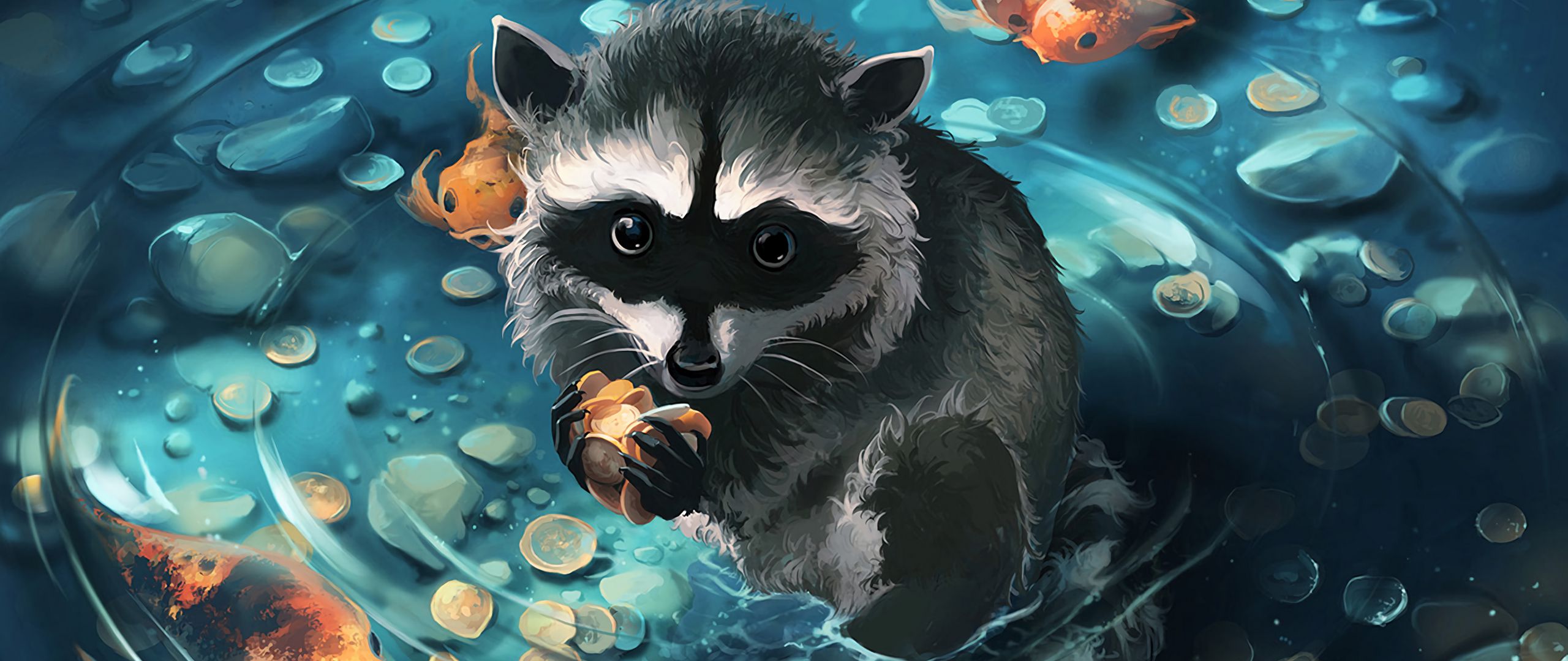 2560x1080 Wallpaper raccoon, art, coins, water