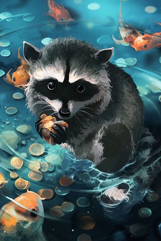 320x480 Wallpaper raccoon, art, coins, water