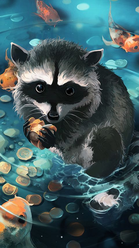480x854 Wallpaper raccoon, art, coins, water