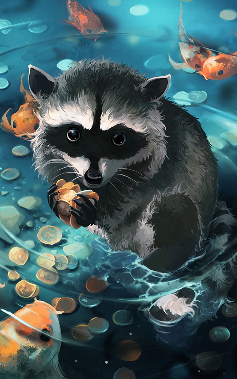 800x1280 Wallpaper raccoon, art, coins, water