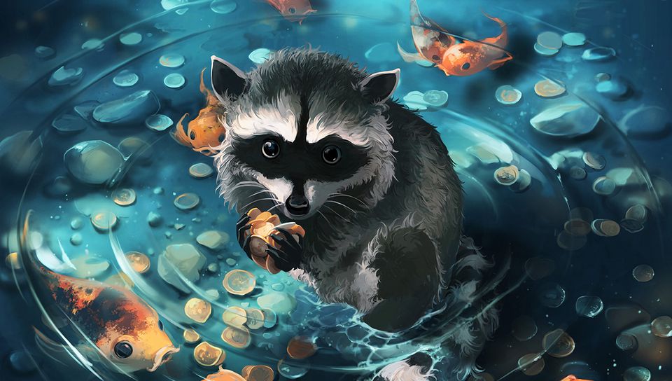 960x544 Wallpaper raccoon, art, coins, water