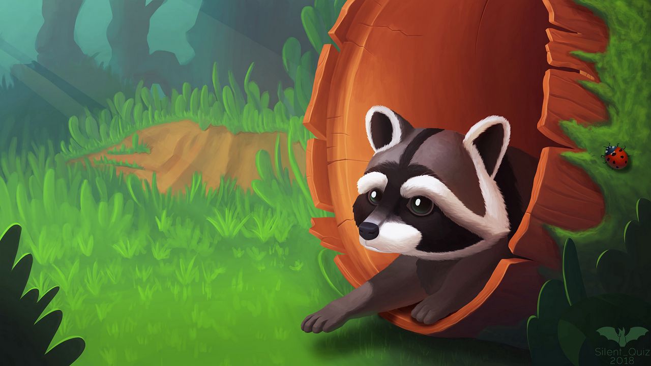 Wallpaper raccoon, art, tree, grass