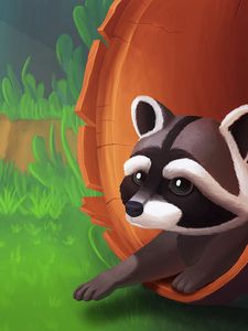 Preview wallpaper raccoon, art, tree, grass