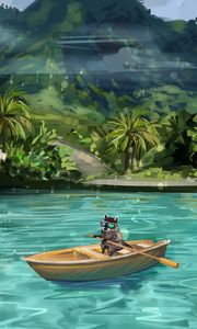 Preview wallpaper raccoon, boat, water, funny, art