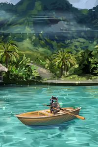 Preview wallpaper raccoon, boat, water, funny, art