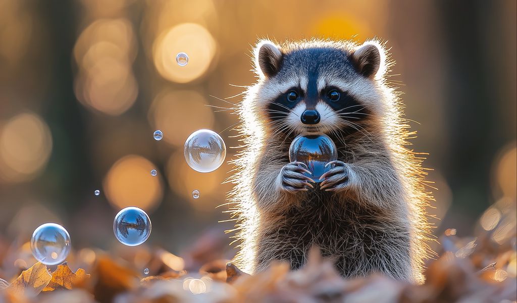 1024x600 Wallpaper raccoon, bubbles, leaves, autumn