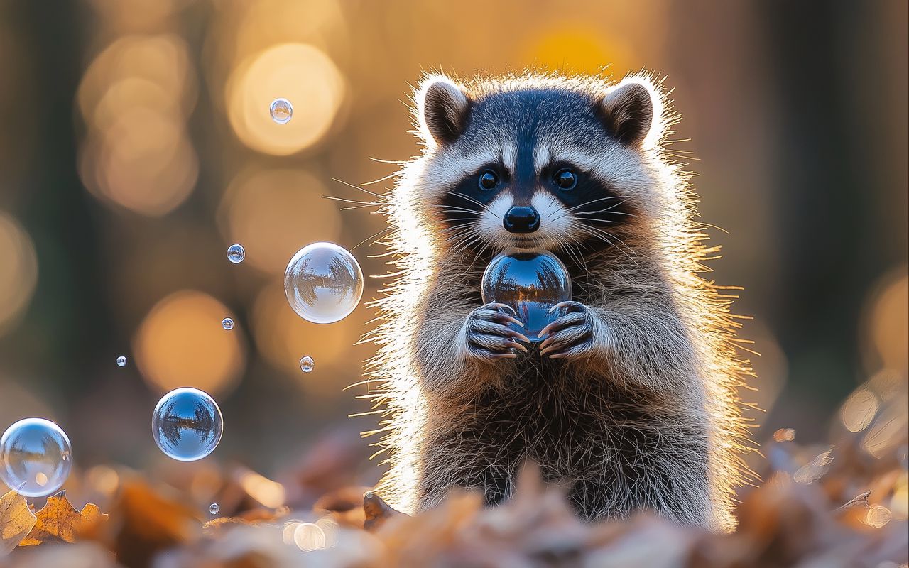 1280x800 Wallpaper raccoon, bubbles, leaves, autumn