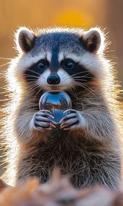 Preview wallpaper raccoon, bubbles, leaves, autumn