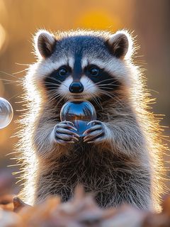 240x320 Wallpaper raccoon, bubbles, leaves, autumn