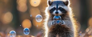 Preview wallpaper raccoon, bubbles, leaves, autumn