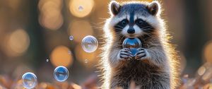 Preview wallpaper raccoon, bubbles, leaves, autumn