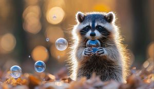 Preview wallpaper raccoon, bubbles, leaves, autumn
