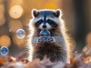 Preview wallpaper raccoon, bubbles, leaves, autumn