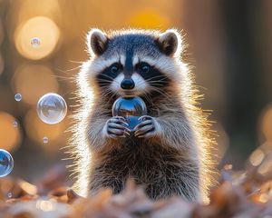 Preview wallpaper raccoon, bubbles, leaves, autumn