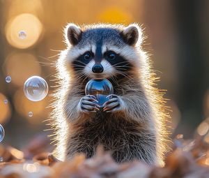 Preview wallpaper raccoon, bubbles, leaves, autumn