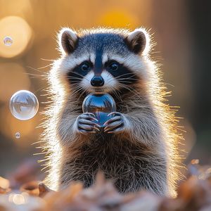 Preview wallpaper raccoon, bubbles, leaves, autumn