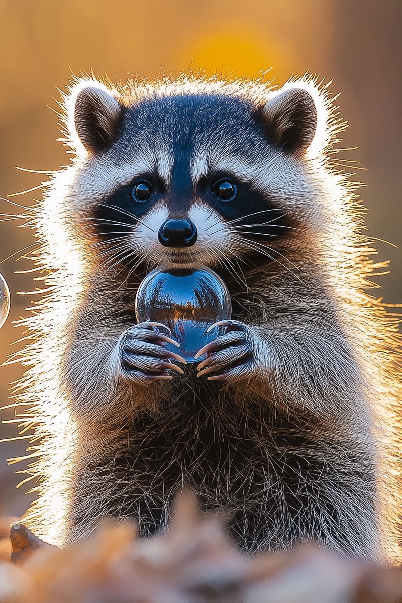 800x1200 Wallpaper raccoon, bubbles, leaves, autumn