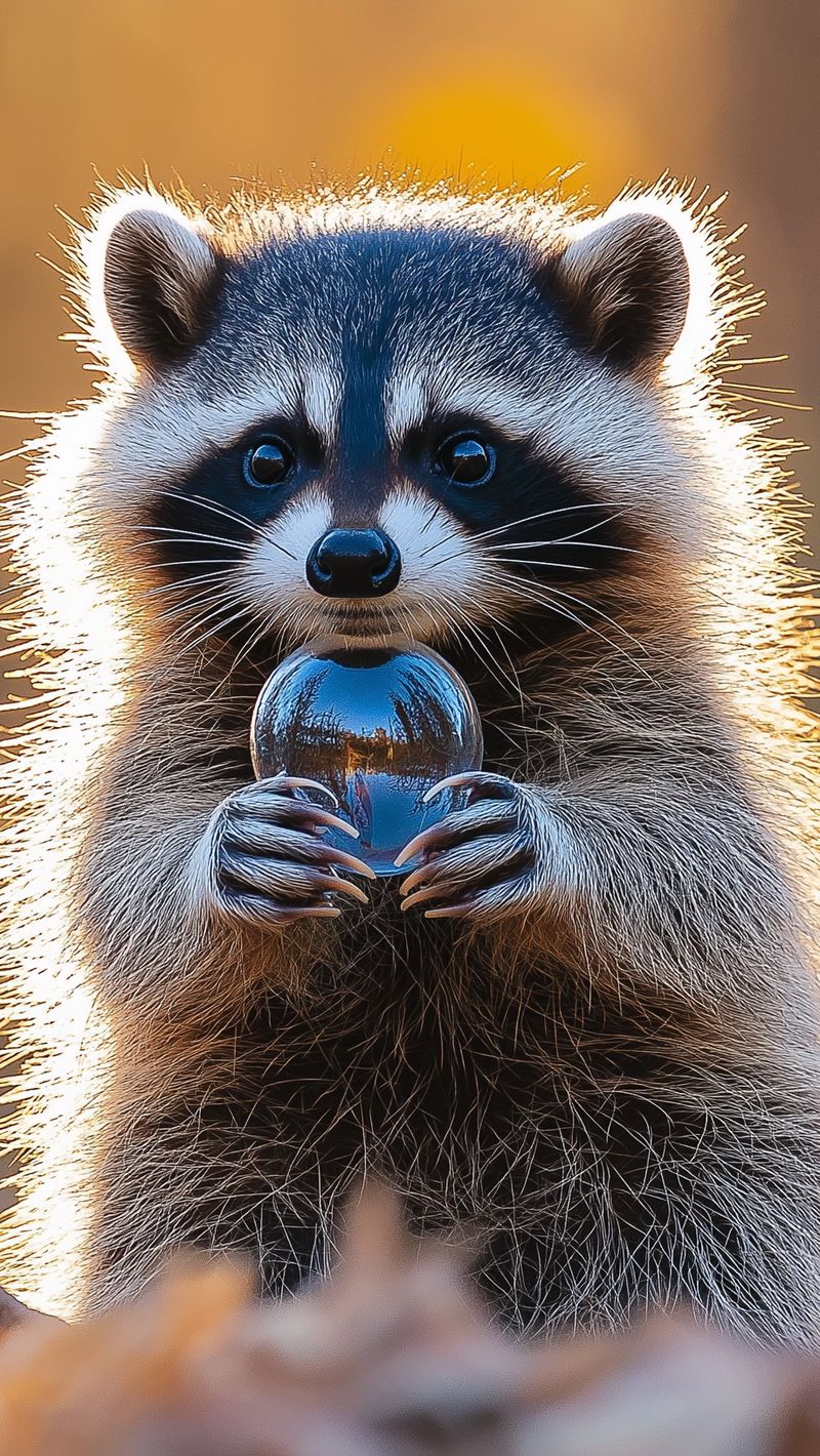 800x1420 Wallpaper raccoon, bubbles, leaves, autumn