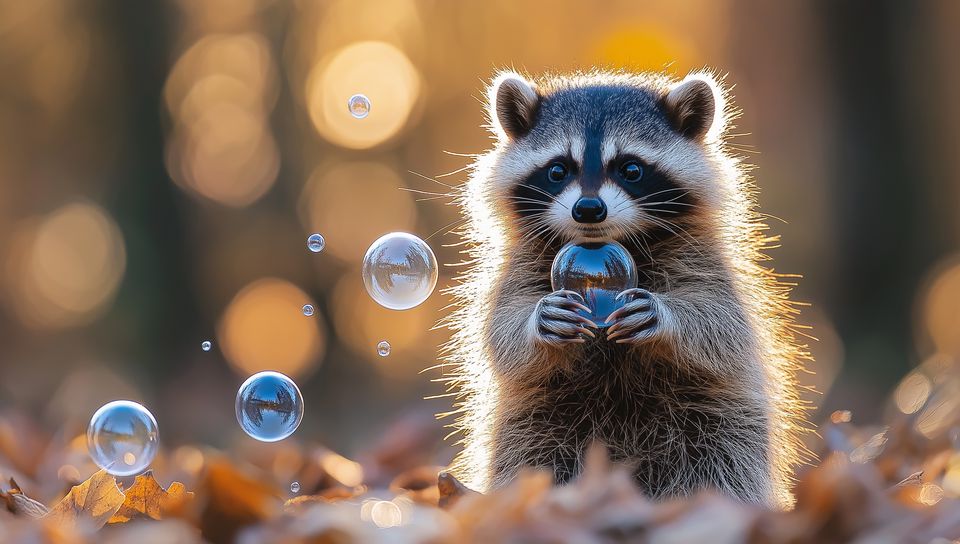 960x544 Wallpaper raccoon, bubbles, leaves, autumn