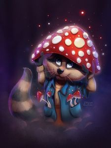 Preview wallpaper raccoon, mushroom, fly agaric, cute, art