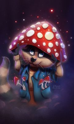 240x400 Wallpaper raccoon, mushroom, fly agaric, cute, art