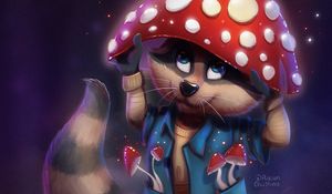 Preview wallpaper raccoon, mushroom, fly agaric, cute, art