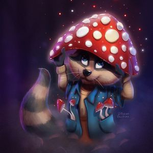 Preview wallpaper raccoon, mushroom, fly agaric, cute, art