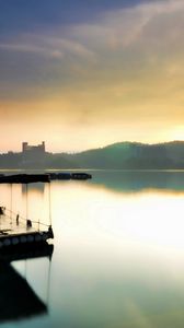 Preview wallpaper raft, morning, lake, mountains, fog