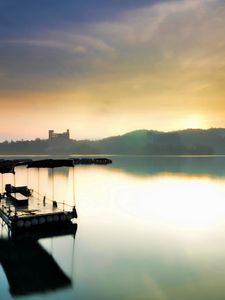 Preview wallpaper raft, morning, lake, mountains, fog