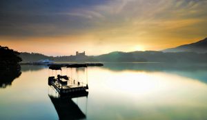 Preview wallpaper raft, morning, lake, mountains, fog