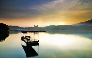 Preview wallpaper raft, morning, lake, mountains, fog