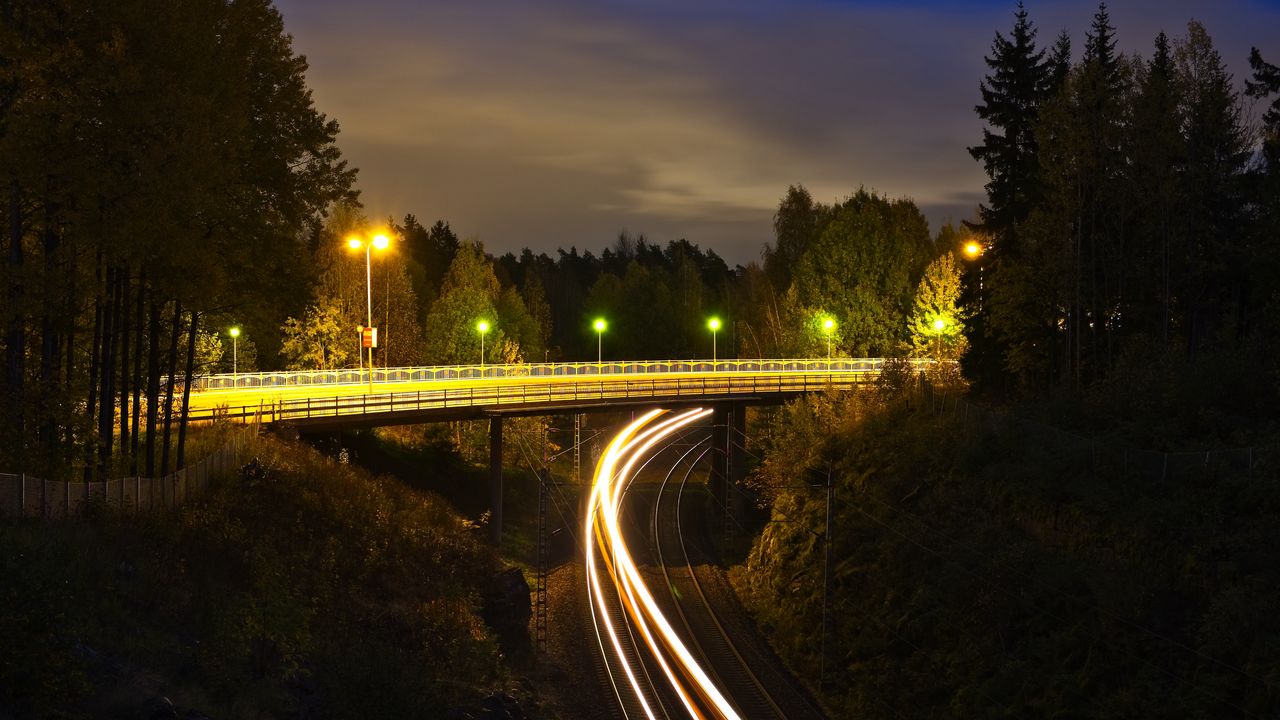 Wallpaper railroad, bridge, neon, glow, long exposure