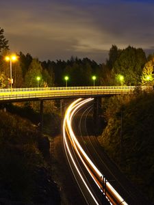 Preview wallpaper railroad, bridge, neon, glow, long exposure