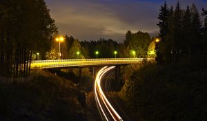 Preview wallpaper railroad, bridge, neon, glow, long exposure