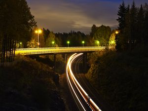 Preview wallpaper railroad, bridge, neon, glow, long exposure